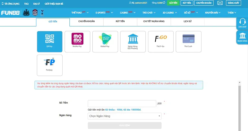 Hướng dẫn nạp tiền tại nhà cái Fun88