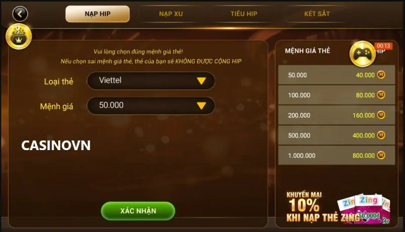 Nạp tiền HIP Club