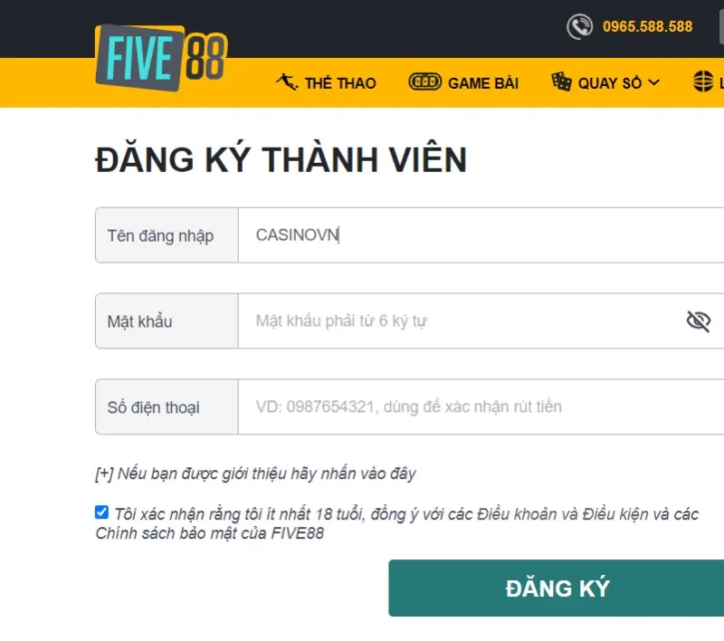 Đăng ký FIVE88