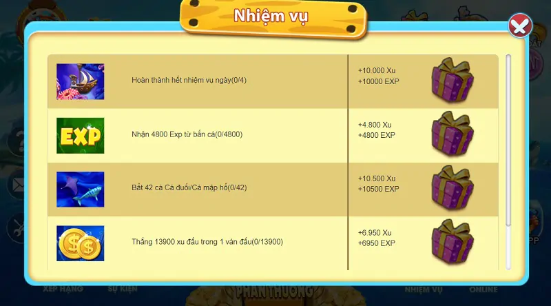 Hoàn thành nhiệm vụ nhận xu miễn phí tại cổng game Bắn Cá Thần Tài