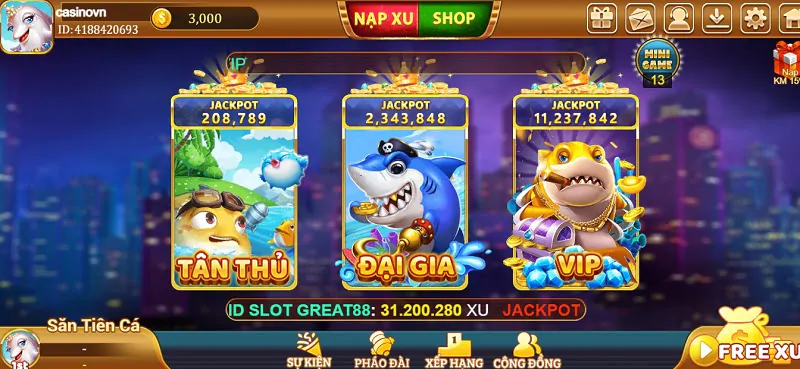 Các phòng chơi bắn cá tại cổng game XuVang777