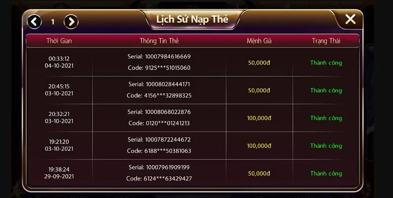 Lịch sử nạp tiền của một người đua VIP tại cổng game Zowin