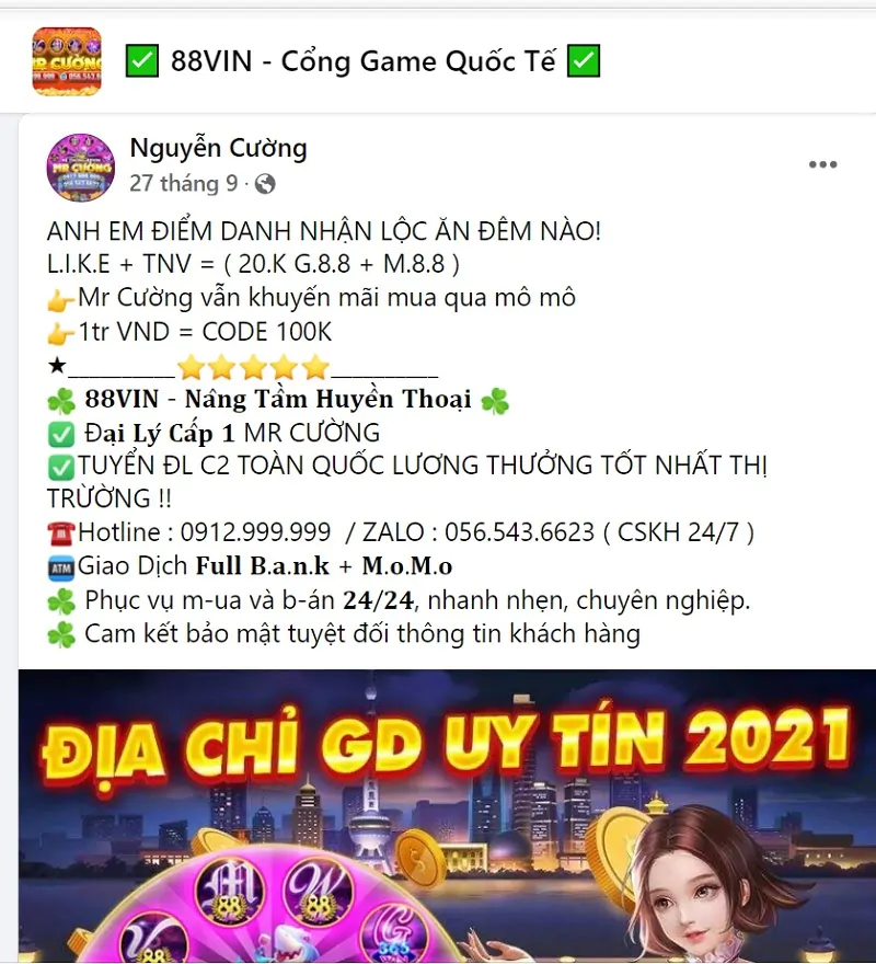 Giftcode từ đại lý tại cổng game Vin88