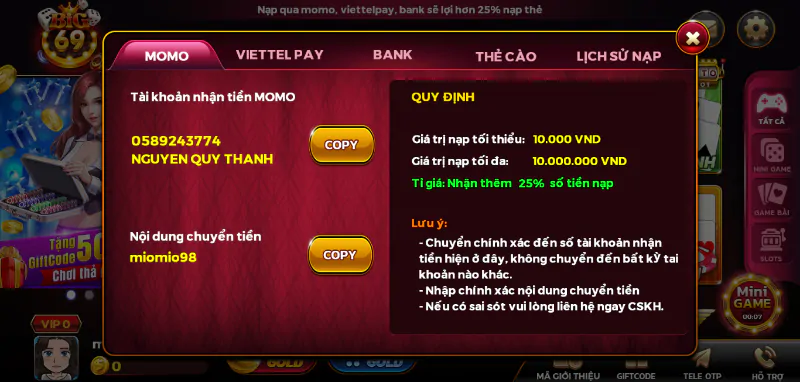 Hướng dẫn cách nạp tiền vào tài khoản game BIG69 CLUB